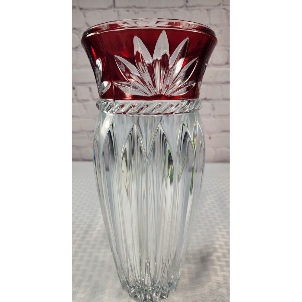 Vintage Mikasa Corinth Ruby Red Red Rim with Fan Clear Cut Design Crystal Base